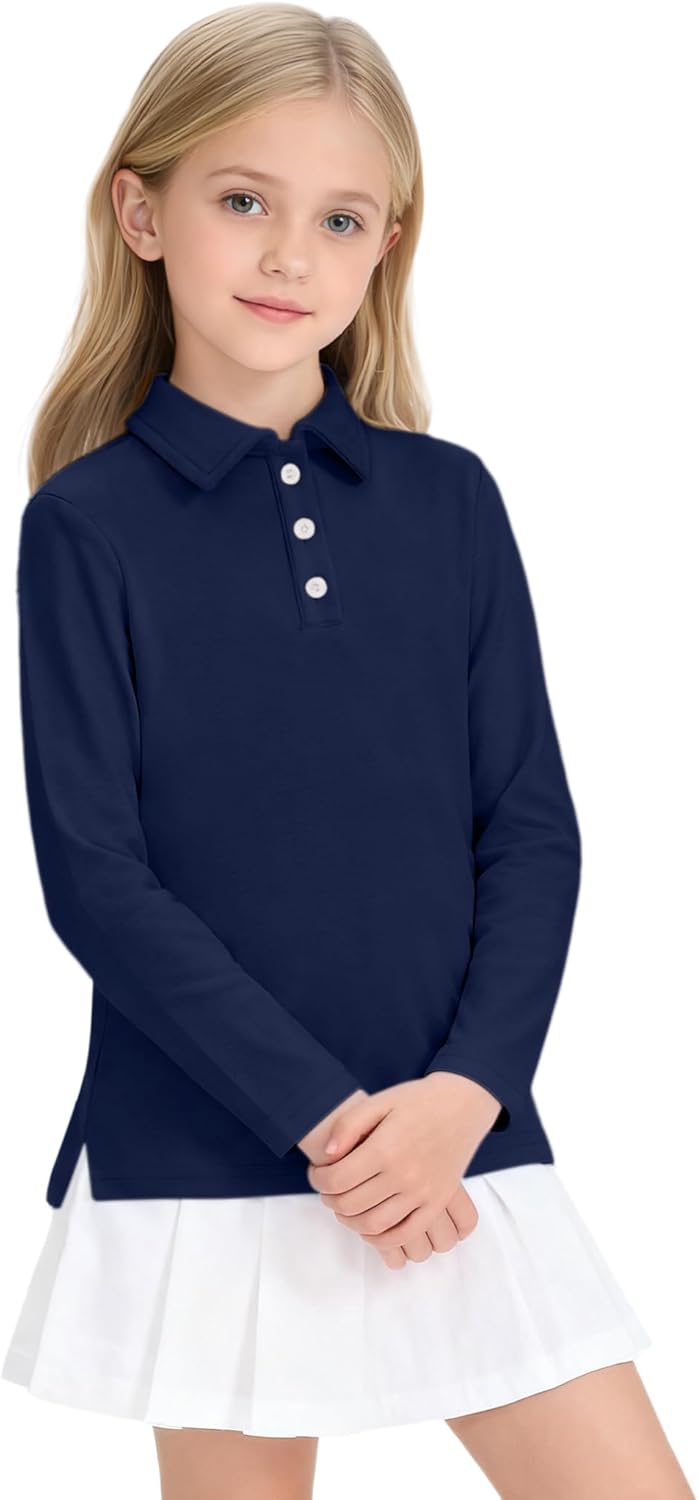 Girls Uniform Shirts Long Sleeve Polo Shirt for Girls School Uniform Shirts Size 5-14 Years
