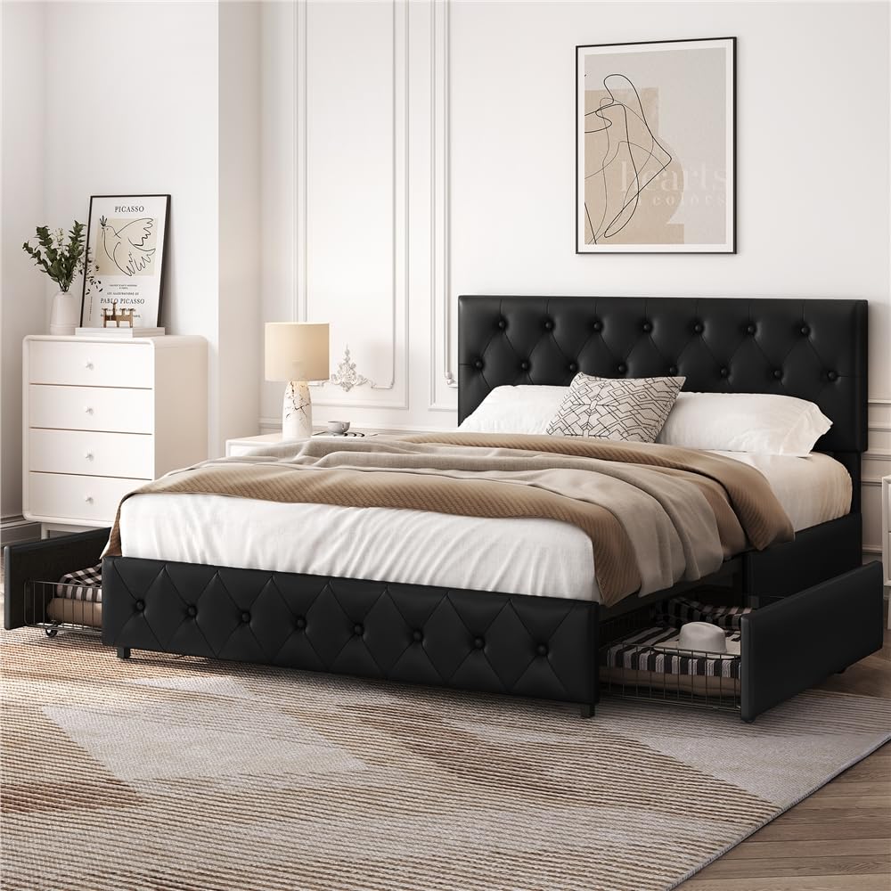 Yaheetech Letto Imbottito Matrimoniale 160 x 200 cm con 2 Cassetti Letto Contenitore con Supporti a Doghe in Legno Testiera Regolabile in Altezza con Rivetti a Punto di Tensione Nero