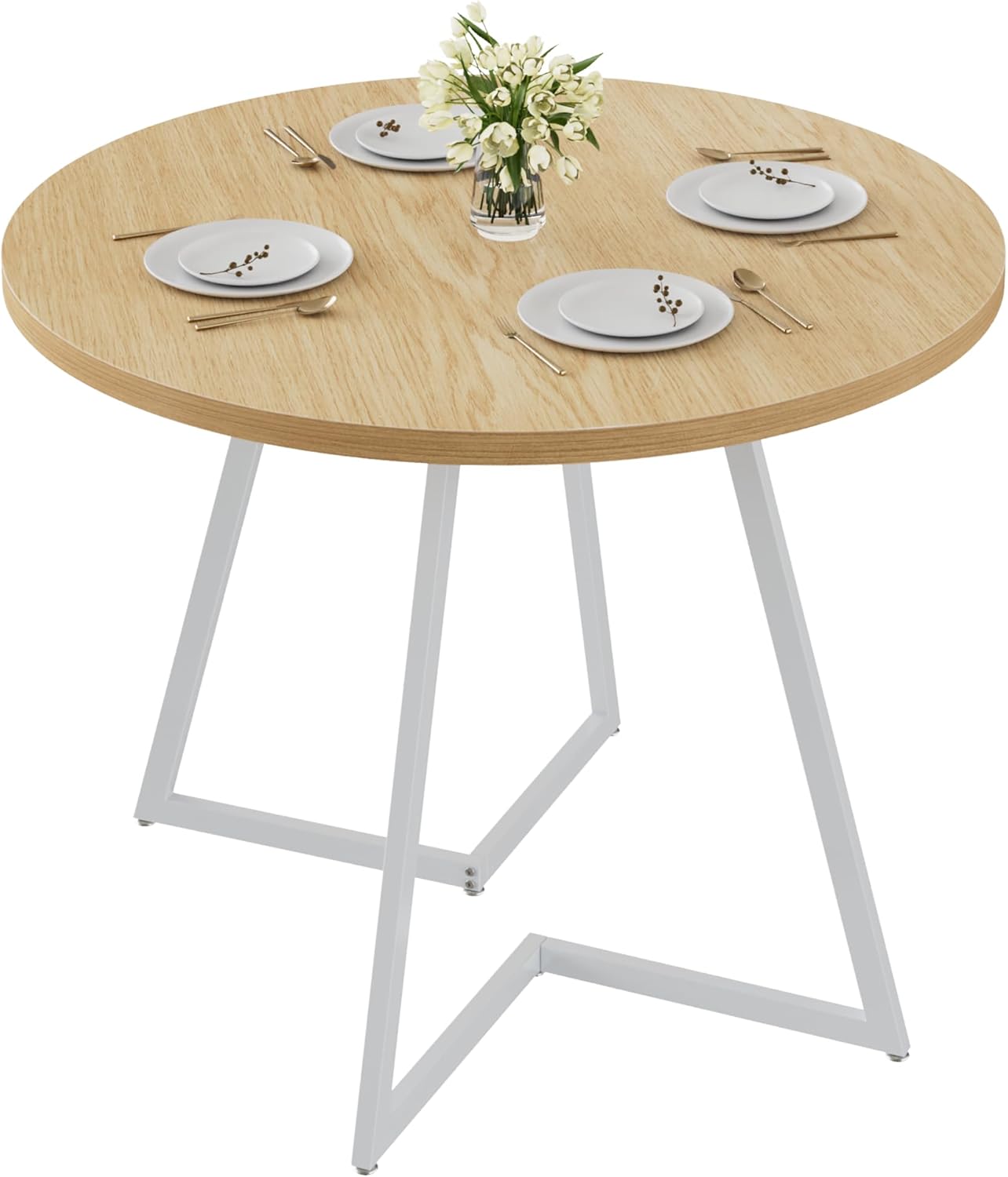 VECELO 35 Inch Round Dining Table for 4, Faux Wood Grain Top, Sturdy Steel Frame, Space-Saving Kitchen Table, Easy 20-Min Assembly