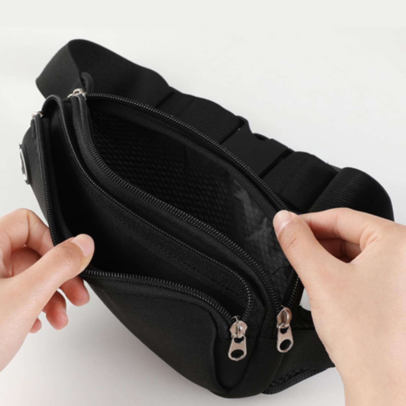 Worparsen Waterproof Fitness Waist Bag Outdoor Sports Pouch Unisex Fanny Pack Phone Elastic Adjustable Strap Breathable Mesh Design Zipper Closure Earphone Hole Black