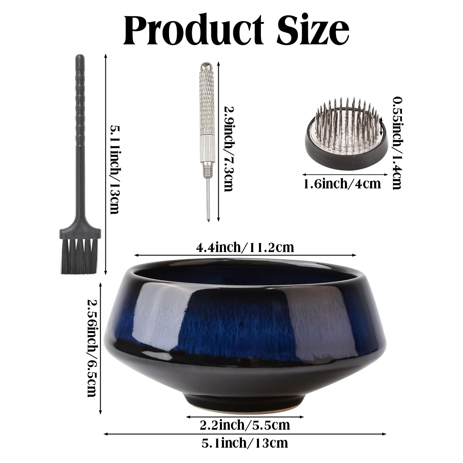 WANDIC Kiln to Blue Flower Arrangement Supplies, 4.4’’ Round Bowl & 4cm Floral Frog for Ikebana Ceramic Floral Vase for Floristry Arranging