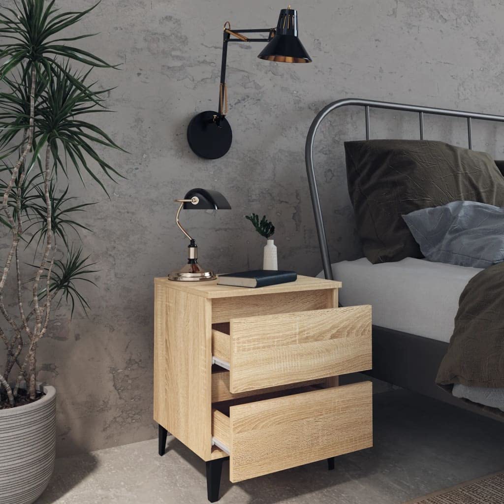 Mesita de noche de roble Sonoma, 40 x 35 x 50 cm, material de madera con dos cajones y cuatro patas de metal para almacenamiento y estabilidad, encanto industrial, fácil de limpiar con humedad