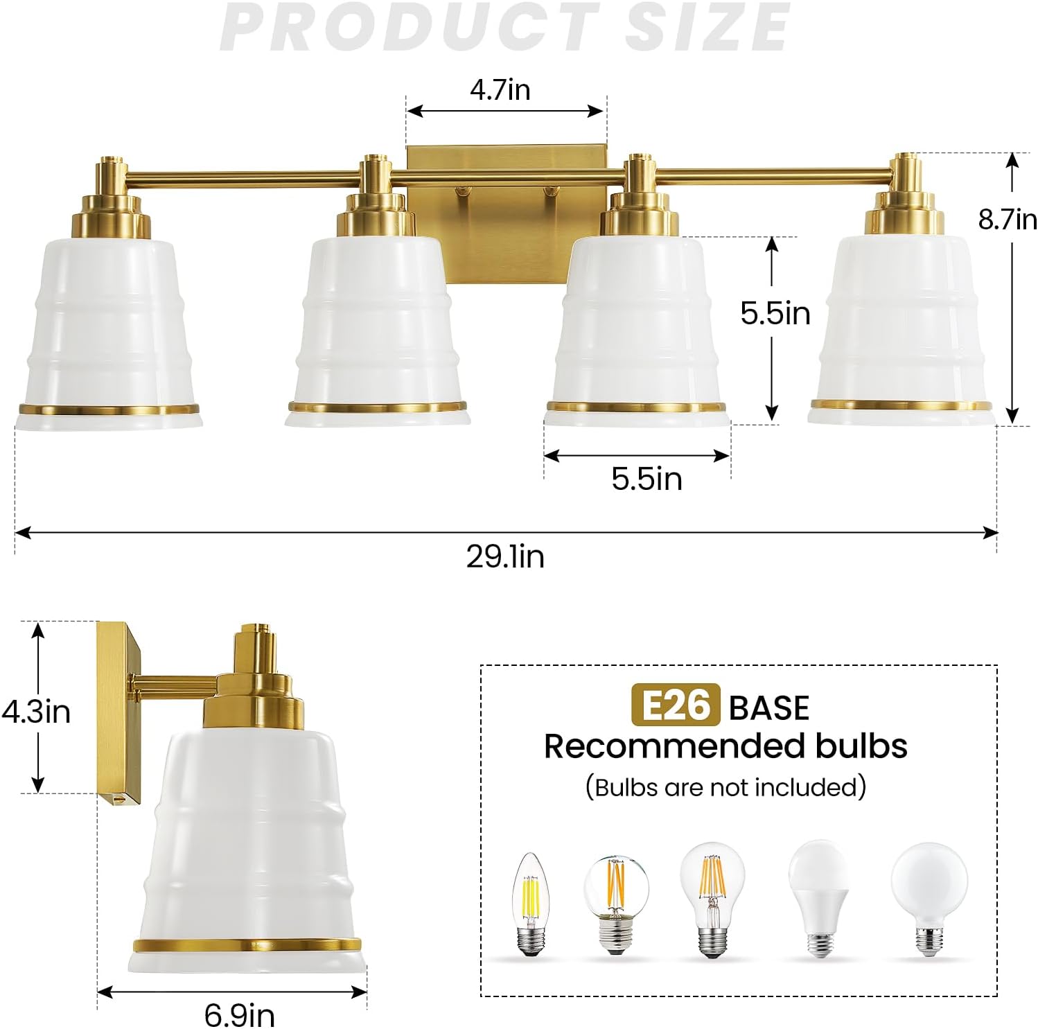 Faziyo Gold Bathroom Vanity Light Fixture, 4 Light Bathroom Light Fixtures Over Mirror with Milky White Glass and Metal Base Wall Sconce, 29.1 inch Modern Vanity Light for Bathroom(Exclude E26 Bulb) Gold & Milky White 4-Light