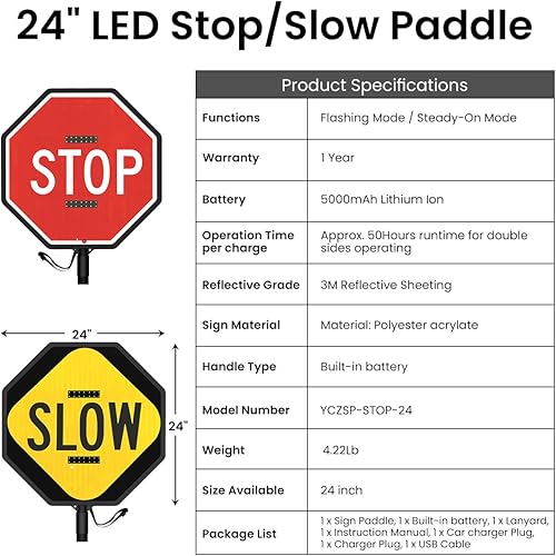 Miniatura 6 de Remo de mano de 24 pulgadas con batería incorporada, 3 modos LED reflectante de control de tráfico para construcción, cruces escolares, alta