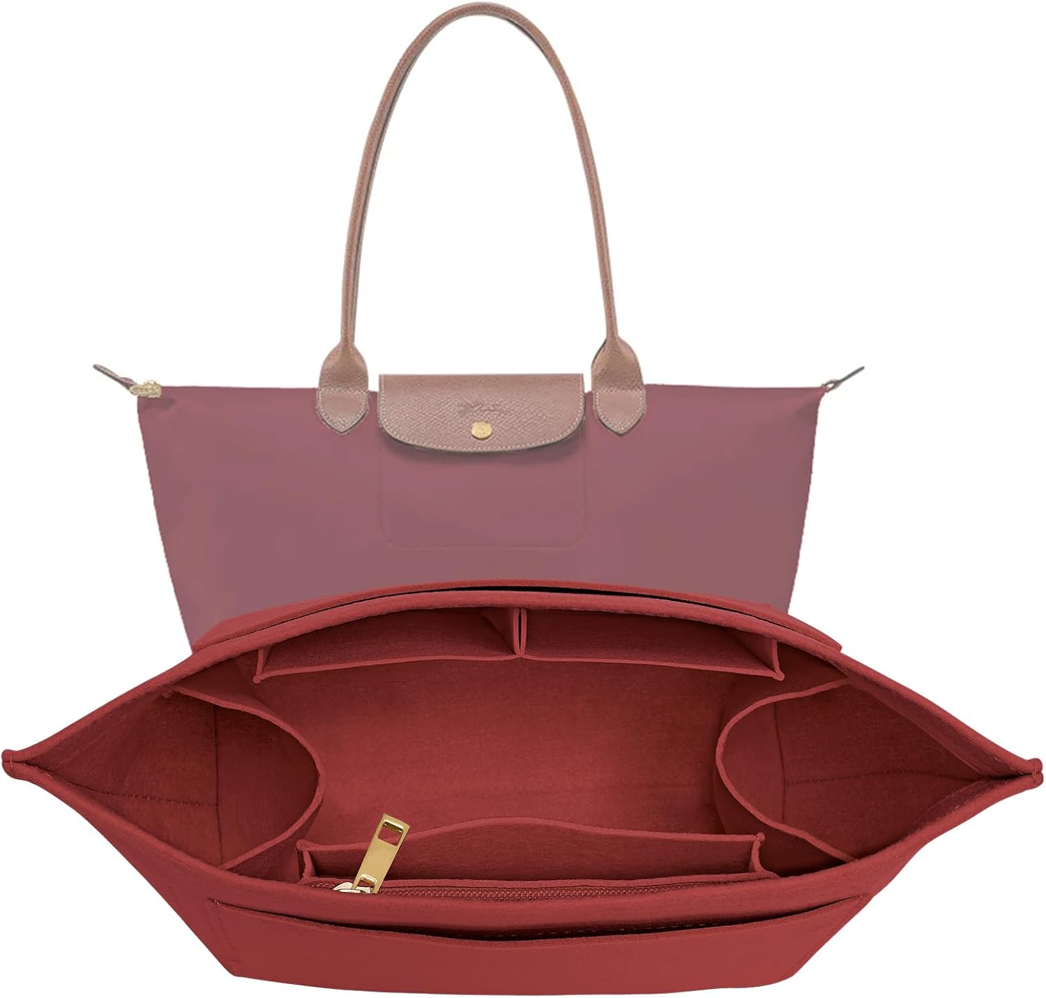 Purse Organizer Insert for Longchamp Le Pliage M Handbag Insert Felt Long Champ Tote Bag Organizer Insert with Cup (BurGundy, Medium) Medium Vine Red