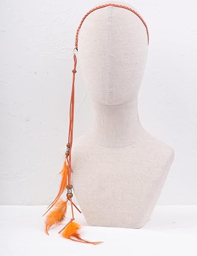 Miniatura 10 de Jumwrit Diadema de plumas bohemias para la cabeza gitana hippie indio con plumas de pavo real, diadema ajustable de cuerda de cáñamo con cuentas,