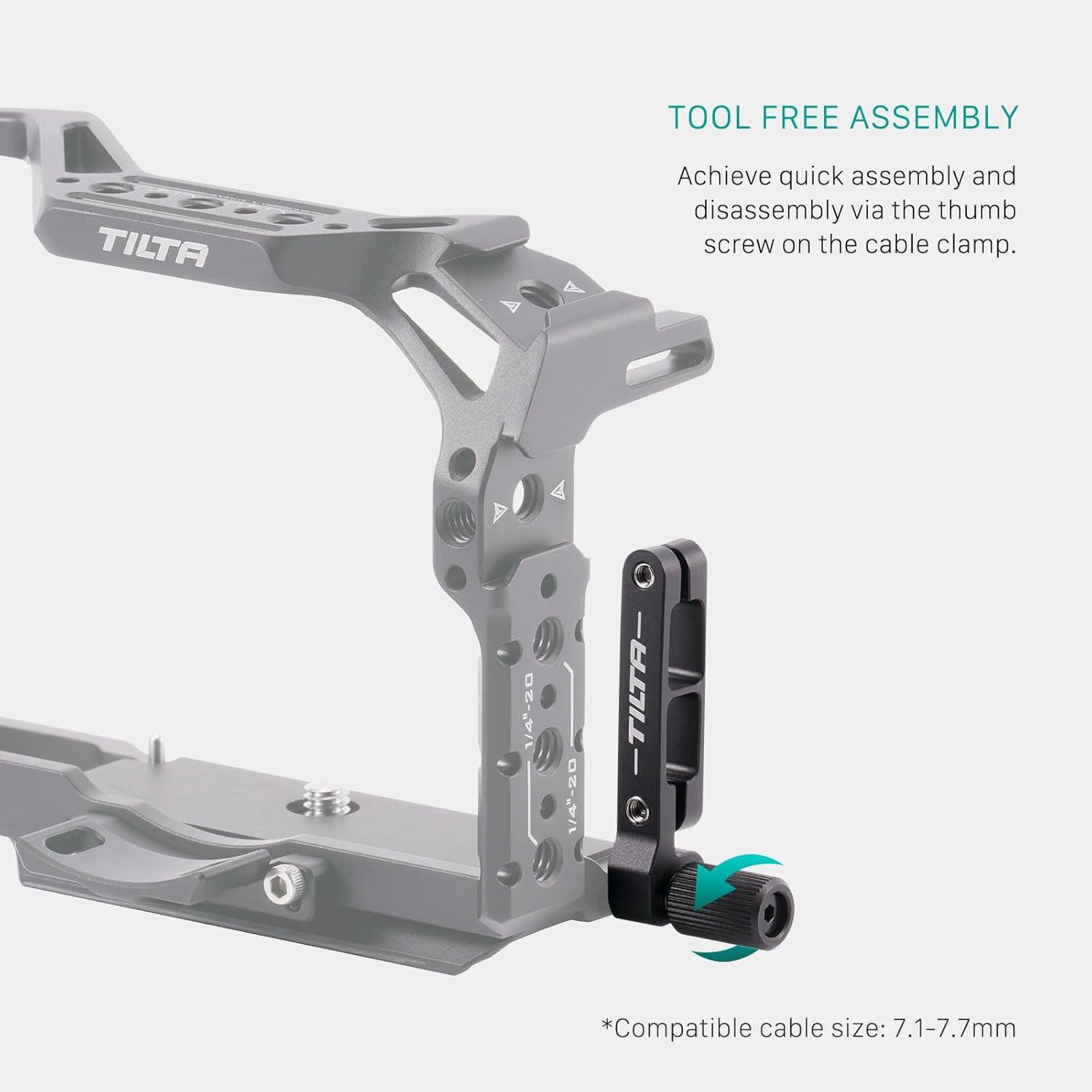 Close-up of the Tilta Full Camera Cage showing the tool-free assembly with a thumb screw on the cable clamp, indicating compatible cable sizes.
