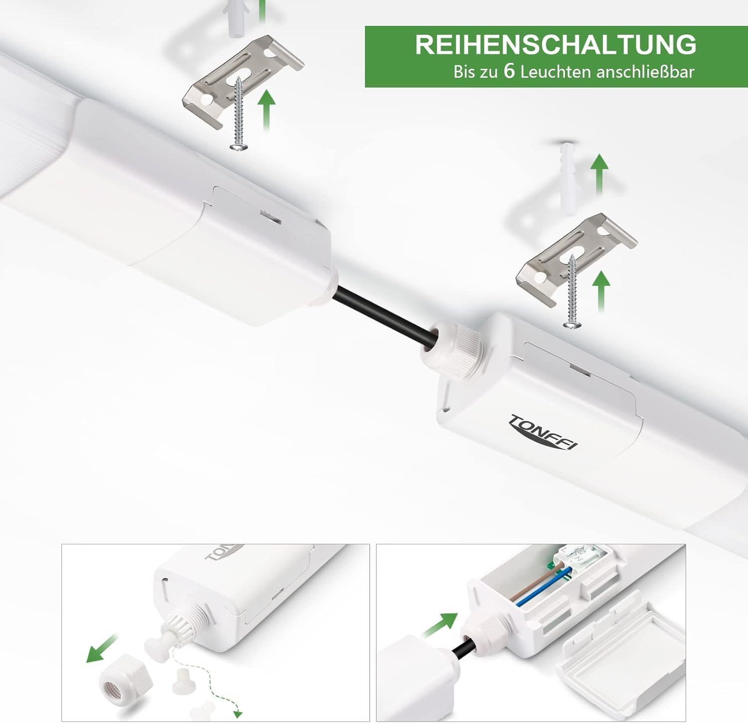 TONFFI LED Feuchtraumleuchte 150CM, 4000K Neutralweiß Verknüpfbar LED Deckenleuchte Röhre 60W, IP65 Wasserfest Wannenleuchte Werkstattlampe 7000LM für Keller Lager Garage Warenhaus