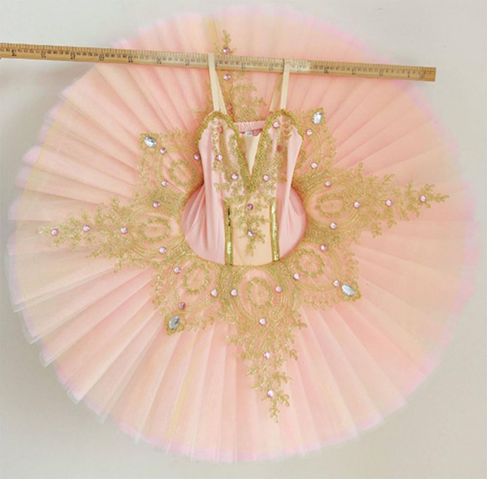 Tutú de Ballet Profesional para niñas, tutú de panqueque del Lago de los Cisnes, Disfraz de Bailarina para Fiestas y Bailes, Vestido para competiciones de Ballet,Naranja,150