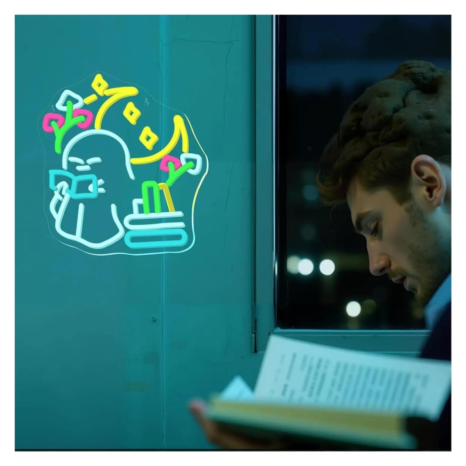 XENITE Luces Art Decoration Christmas Letrero De Neón Con Diseño De Fantasma Leyendo Libros Luz De Neón Regulable Para Sala De Estudio Dormitorio Infantil Biblioteca Decoración 42.9cmx35.2cm