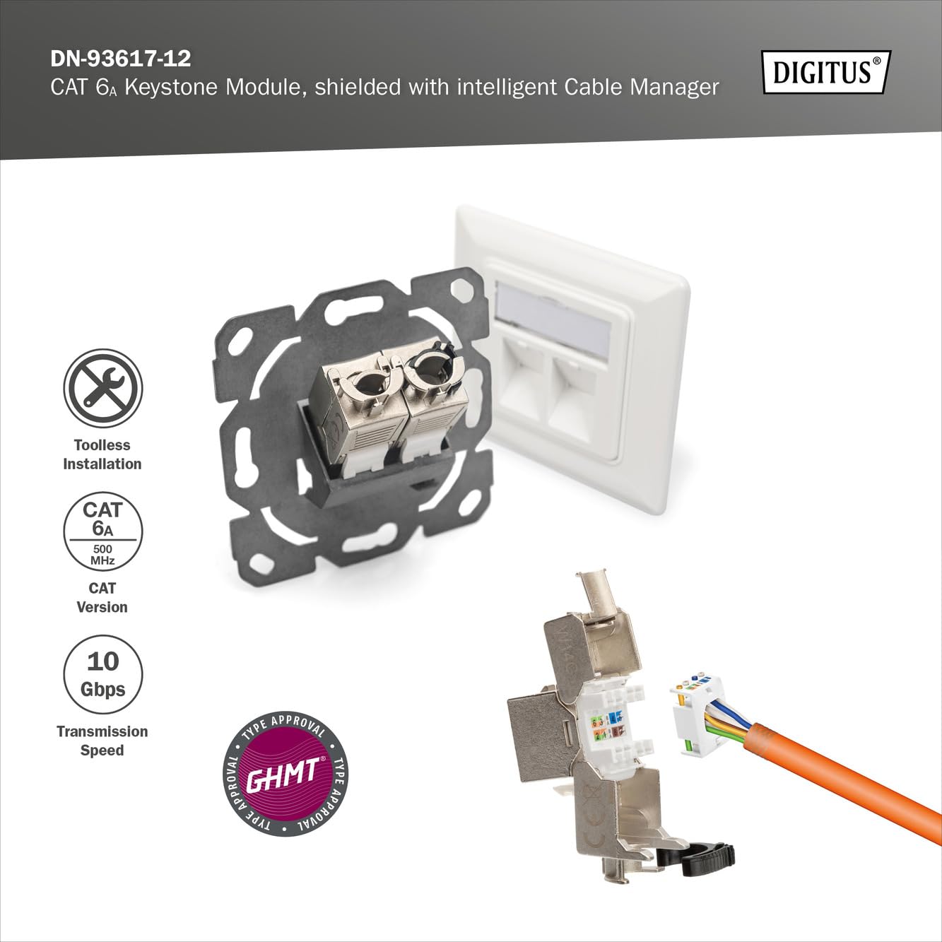 DIGITUS Module Keystone Cat 6A – 12 pièces – Organisateur de câbles | Blindé – Sans outil – LSA – PoE++ – AWG 26-22 – prise RJ45 – 500 MHz 10Base-T – 10 Gbit/s – Pour panneaux de brassage