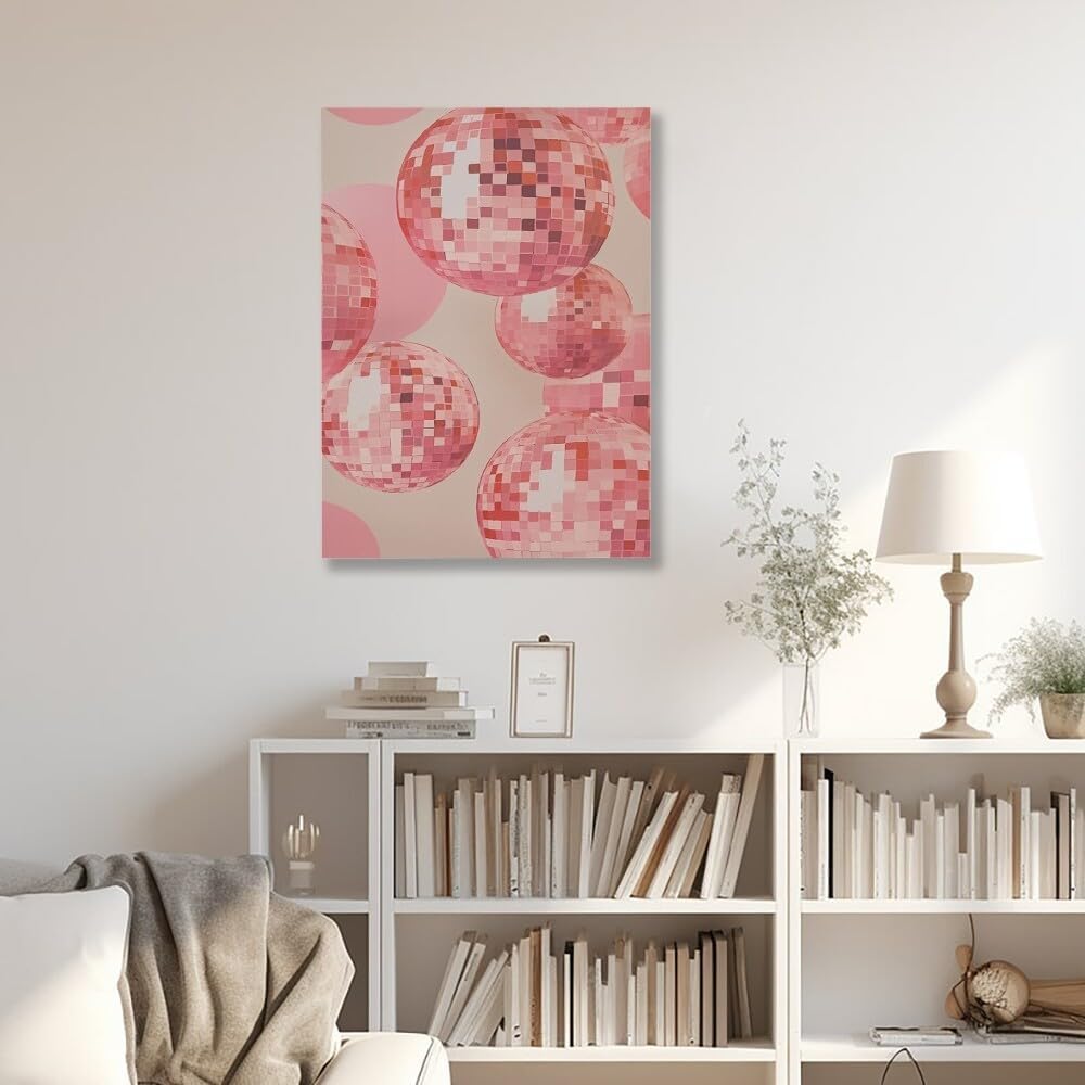 Pink Disco Ball Poster Preppy Wall Art Hot Pink Funky Canvas Print Vintage Disco Ball Prints Bar Bedroom Wall Decoration24x36inch Unframed