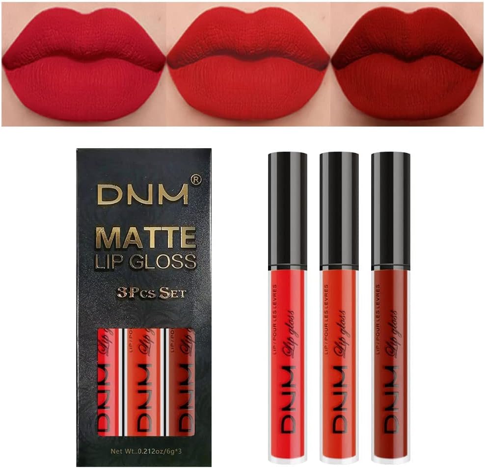 evpct DNM 3Pcs Dark Ruby Red Matte Liquid Lipstick Lip Stain Lipgloss sets for Women 24 Hour Red Matte Lipstick Long Lasting Smudge Proof