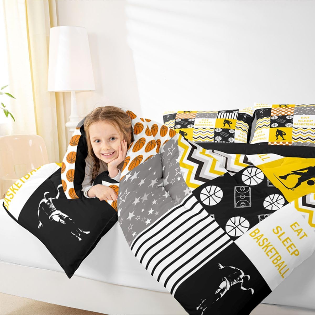 Boys Basketball Duvet Insert, Eat Sleep Basketball Comforter Set Queen Size Yellow Sports Games Quilt For Kids Girls Teens Adult Bedroom, Geometric Grid Checkered Down Comforter, Grey Black White