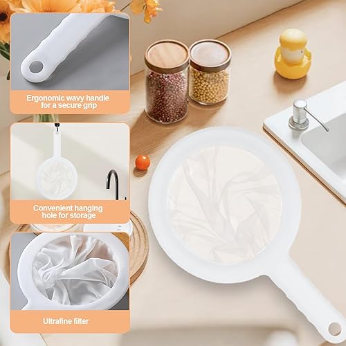 Miniatura 3 de Colador de malla de nailon ultrafino, mini colador de cocina para café, leche, yogur, jugo, mango antideslizante y agujero para colgar (malla 200)