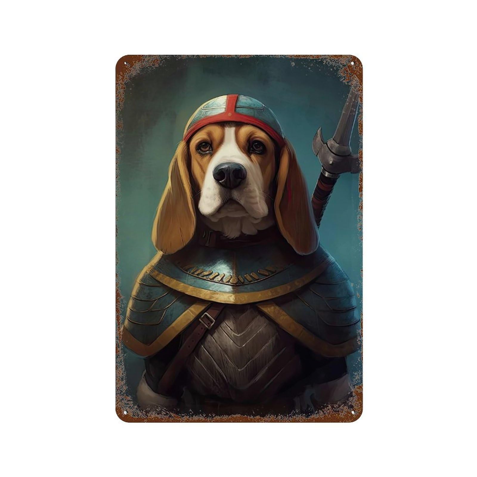 Aged Metal Wall Plaque with Beagle Viking Design 11.8"x7.9", for Garage, Bar And Workshop Decor, Rustic Home Decor