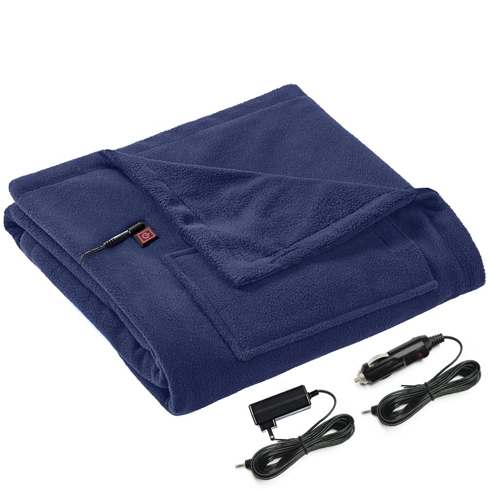 STONECREST Electric Blanket, 12V Heated Throw Blanket, Including Both Home and Car adapters, Use at Home or Travel, with 3 Setting Silicone Button Switch, 4 Hour Auto-Off (Navy, 40"x50")OEKO-TEX STANDARD 100