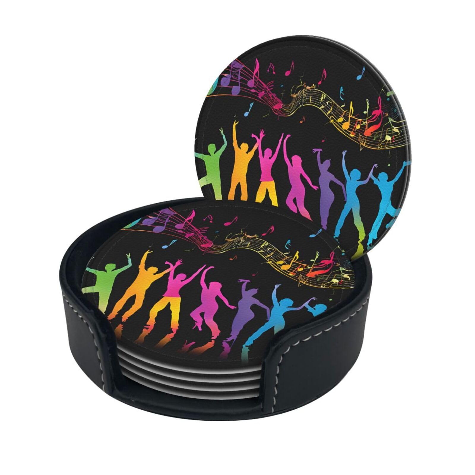 Dance with Music Print Coaster,Round Leather Coasters with Storage Box for Wine Mugs,Cold Drinks and Cups Tabletop Protection (6 Piece)