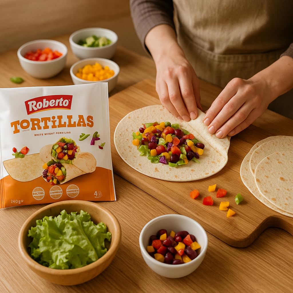 Roberto Tortillas di Grano Tenero – 12 pezzi di Tortilla Piadina Sottili, Arrotolabili e 100% Vegetali – Ideali per Wrap, Burritos e Fajitas Piatti Caldi e Freddi