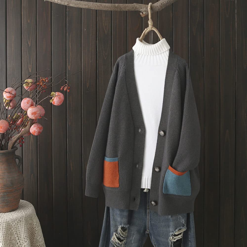 EIBA Cárdigans para Mujer,Cárdigans De Punto para Mujer Casual Espesar Gris Botón Acanalado Suéteres con Frente Abierto Cárdigan con Bolsillo De Bloqueo De Color Otoño Invierno Suelto Abrigo Básic