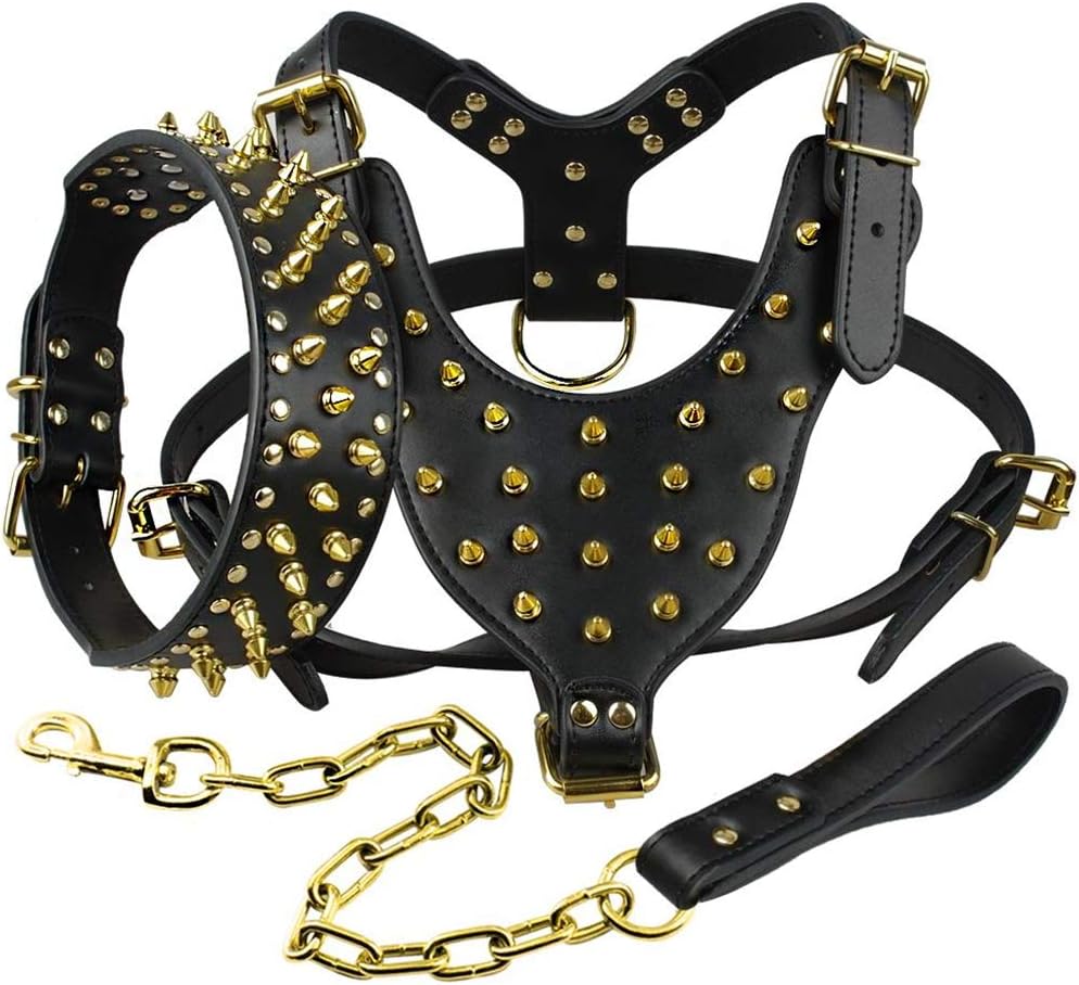 Leather Dog Harness Spiked Studded Dog Pet Collar Harness and Chain Leash Set for Medium Large XLarge Breeds Pitbull Mastiff Gold Spikes XL