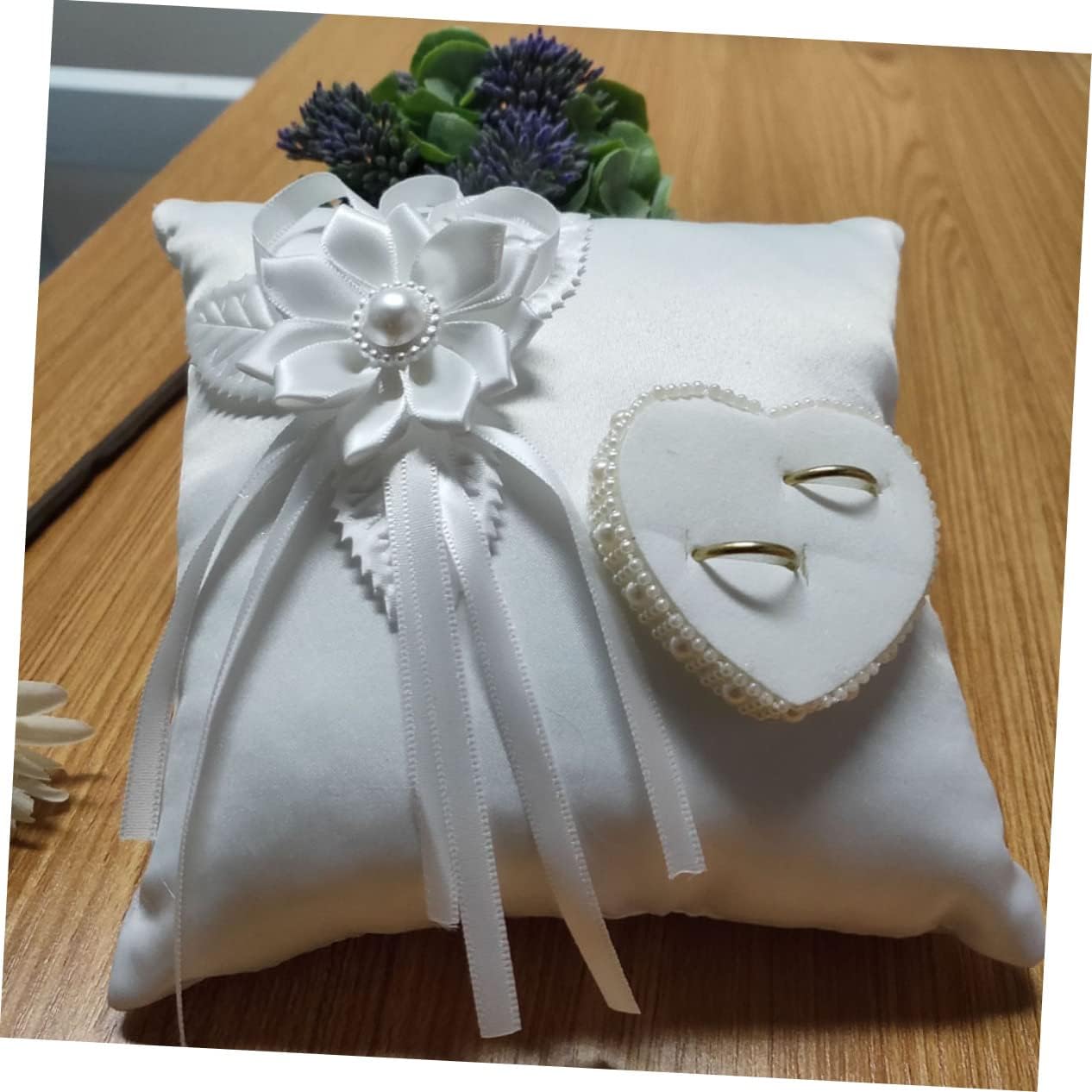 Garneck Wedding Ring Holder Pillow Heart Shape Camellia Flower Decor Compact Stylish Cushion for Wedding Ceremony Marriage Supplies