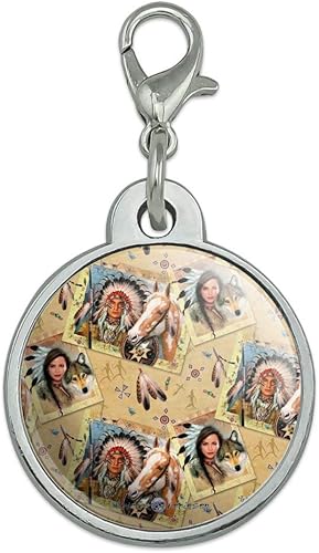 Etiqueta de identificación de perro y gato de metal cromado con diseño del lobo nativo americano