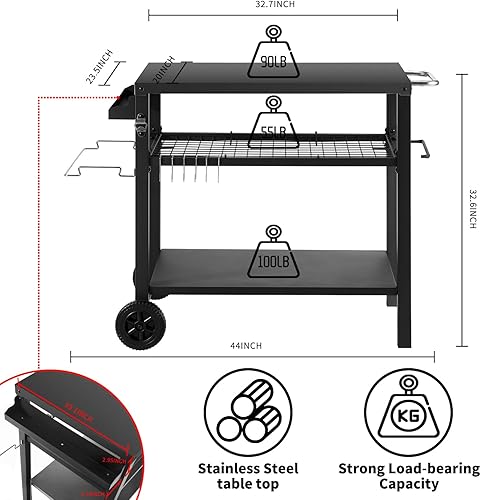 Miniatura 4 de Kendane Mesa de carrito de parrilla con tres estantes, carrito de comedor movible al aire libre, soporte para horno de pizza con tres ganchos,