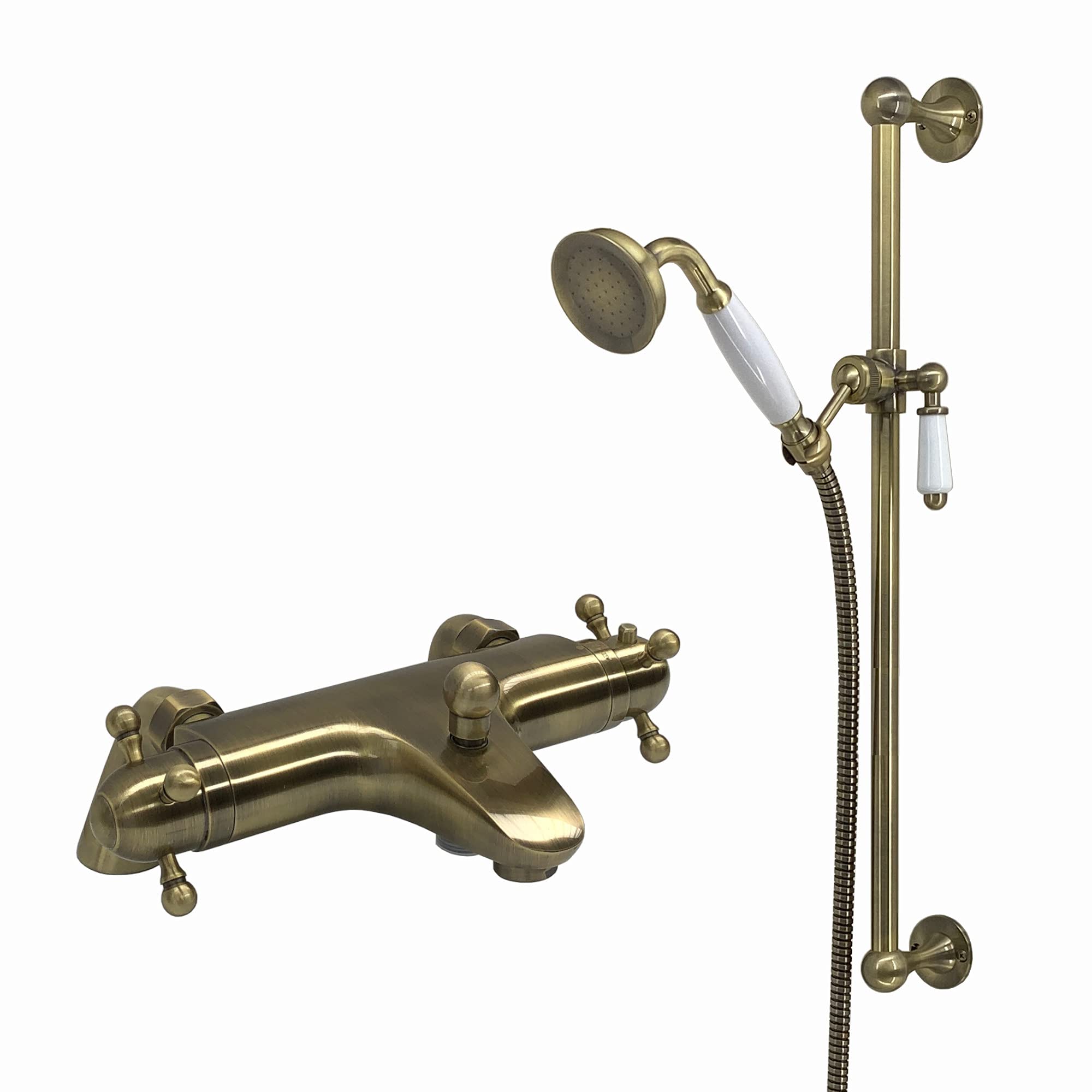 Enki Antique Brass Gallant, Bbt0229, Thermostatic Deck-Mount Bath Shower Mixer Valve With Shower Head, Hose & Rail, Solid Brass, Anti-Scald, Temperature Control, Traditional, 1-Year Guarantee
