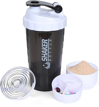 Shaker Bottle Protein Shaker Bottle with Storage and Mix Ball,16OZ Sports Water Bottles with Pill Organizer,3 Layer Leak Proof Protein Powder Bottle GYM Cups BPA free, for Men and Women white