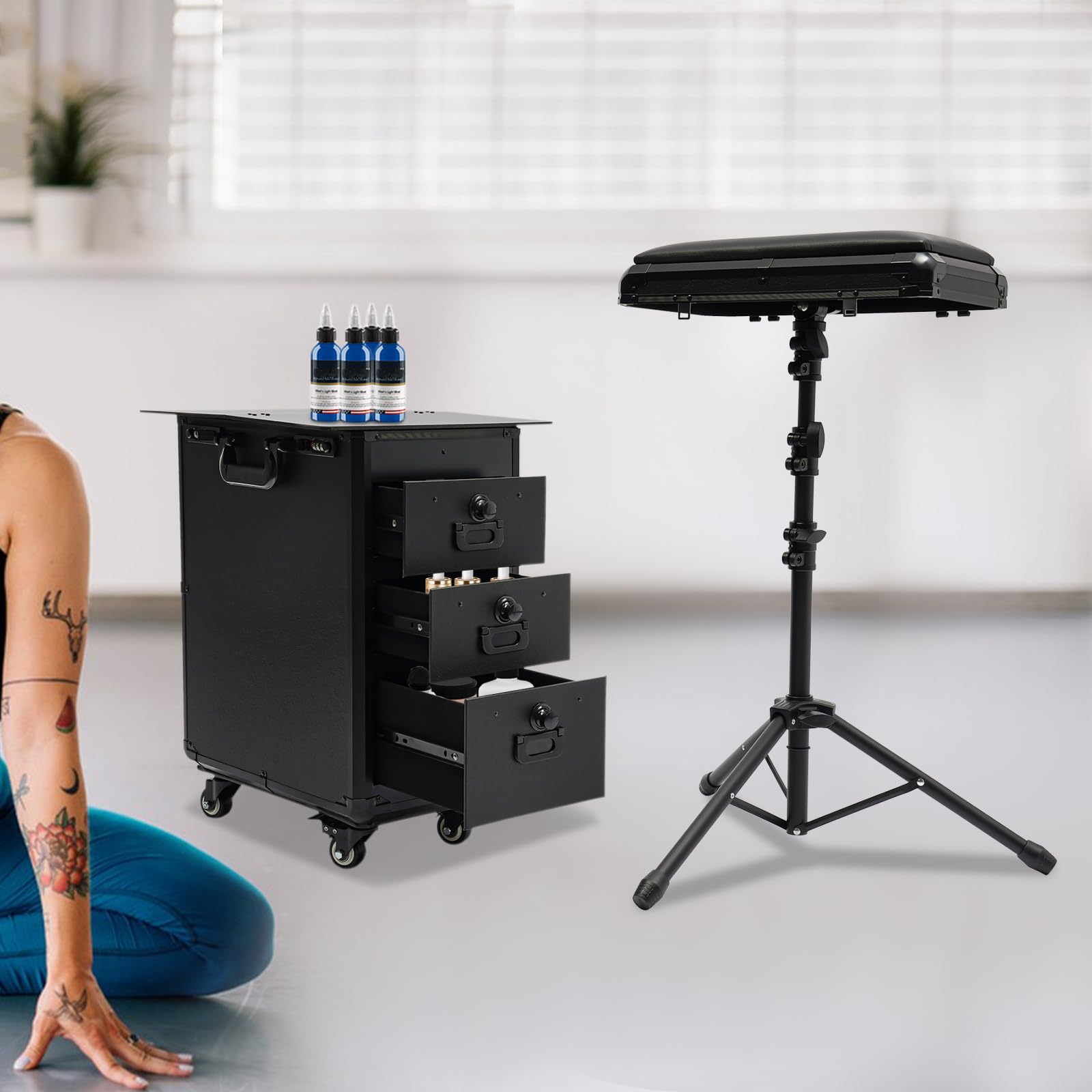 Maletín de cosméticos con soporte para reposabrazos, maletín de tatuaje con 3 cajones, maletín profesional para maquillaje, mesa de tatuaje, equipo de tatuaje, para mujer, maletín con ruedas