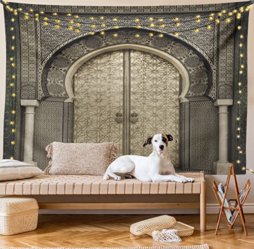Ambesonne Moroccan Tapestry Queen Size, Aged Gate Geometric Pattern Doorway Design Entrance Architectural Oriental Style, Wall Hanging Bedspread Bed Cover Wall Decor, 88" X 88", Sepia Black #TOP7
