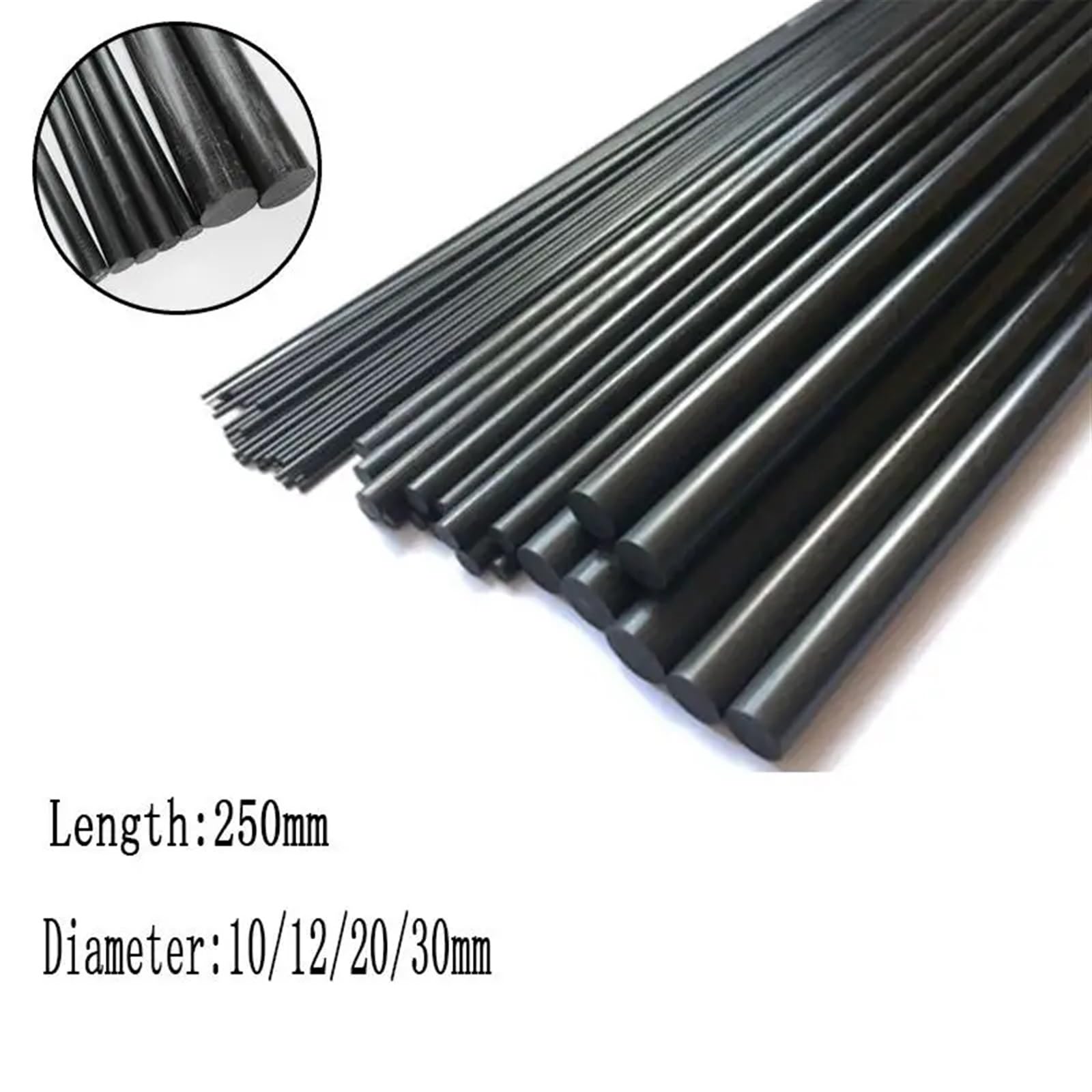 Paquete de 9 varillas nailon PA6 negras, diámetro 10 a 30 mm por longitud 250(10x250mm)