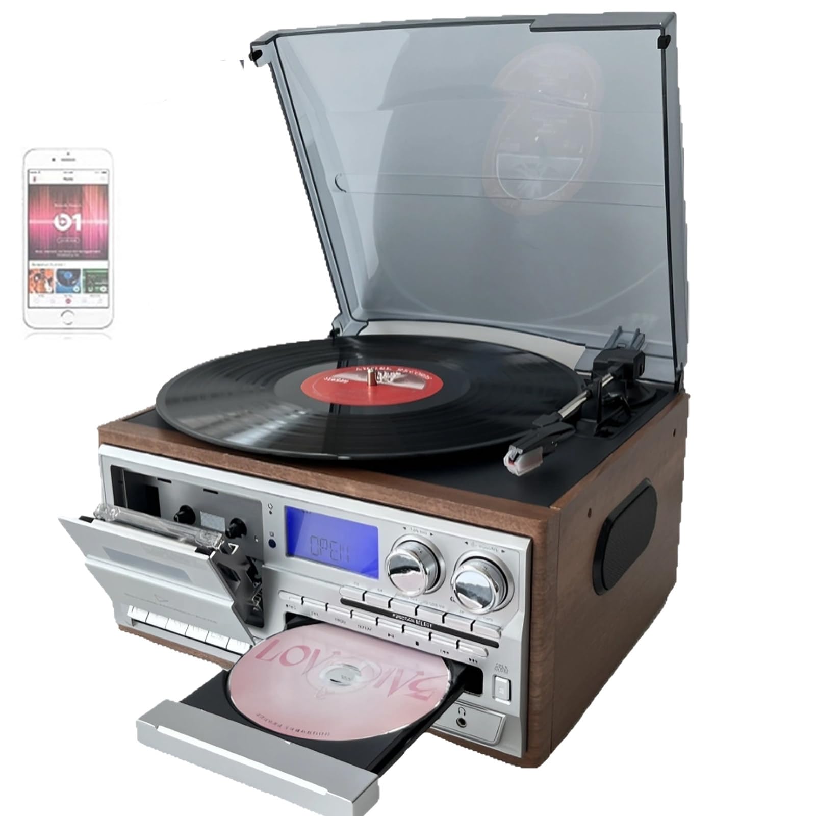 Giradischi in vinile 9 in 1, giradischi vintage, 3 velocità automatico per l'intrattenimento domestico, lettore musicale LP stile retrò, sistema audio con altoparlanti integrati