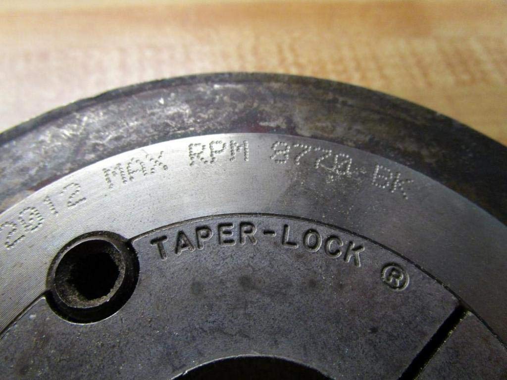 Close-up view of the taper lock bushing area, showing 'TAPER-LOCK' branding and maximum RPM rating.