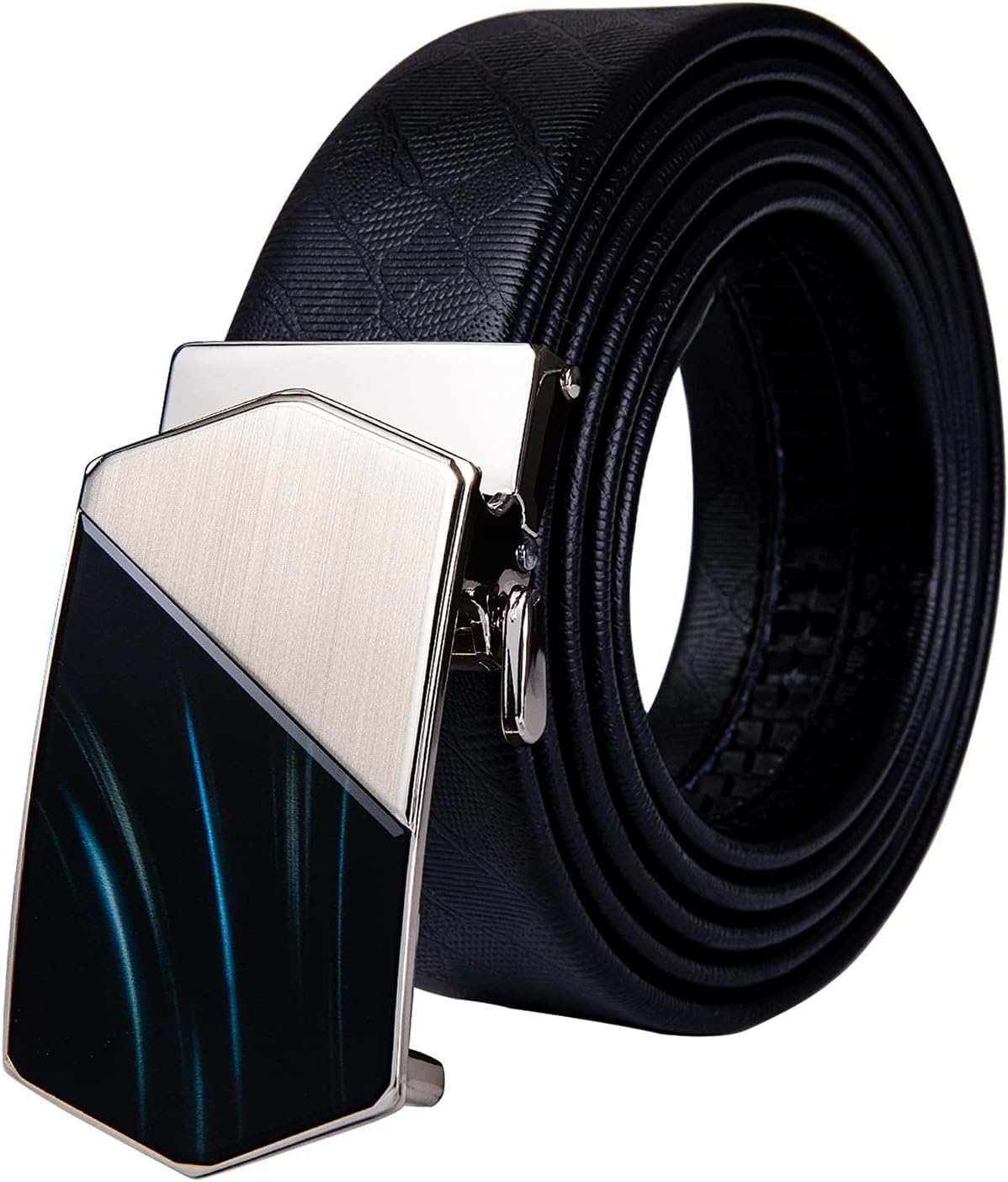 Ceinture pour hommes en cuir véritable ajustable noire avec boucle bleue anti-usure