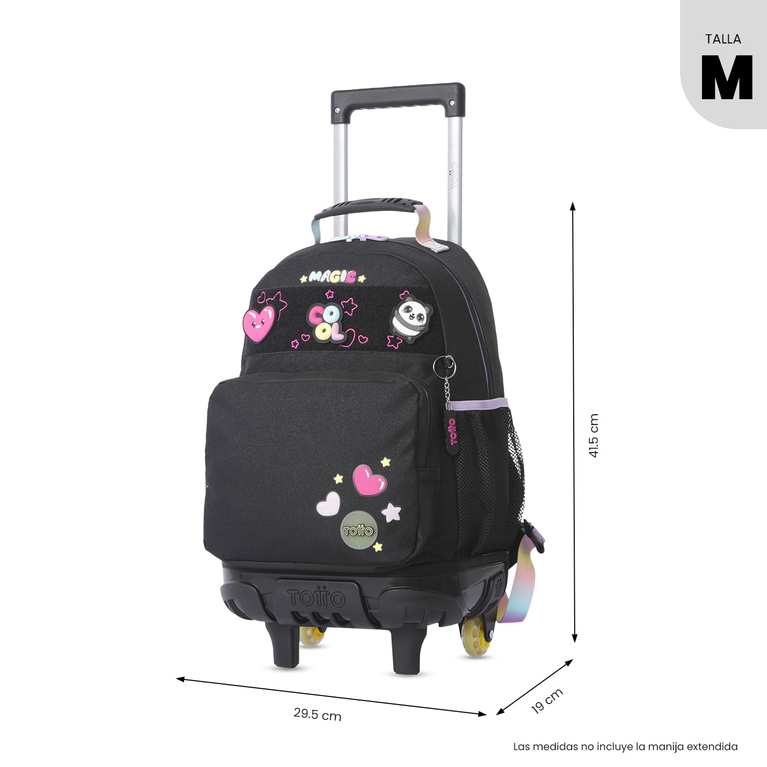 TOTTO - Mochila Escolar con Ruedas, Modelo Glowing Black M, Mochila Mediana, Capacidad 23 L, Bolsillos Botella, 2 Compartimentos Frontales, Protección en la Base, Correas Ajustables, Estampado Negro