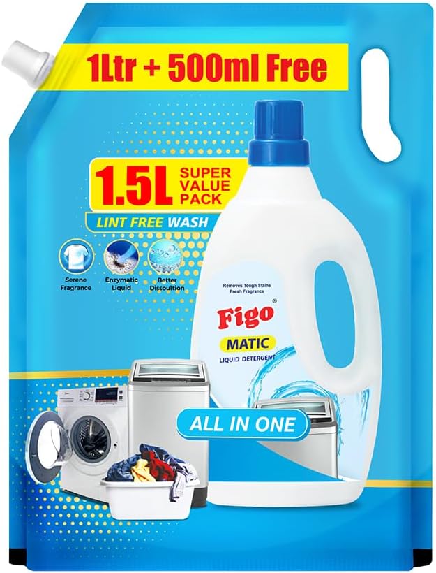 Matic Liquid Detergent 1.5 L (1L + 500 ML Free Value pack) | 2X Enzyme Power for Tough Stains | Suitable for Top & Front Load Machines | Fabric-Safe Formula, Lint-Free