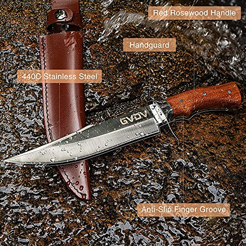 Gvdv Damascus Pocket Folding Knife + 12.5" Hunting Knife With Sharpest 440C Stainless Steel, Genuine Leather Sheath + Rosewood Handle #TOP7