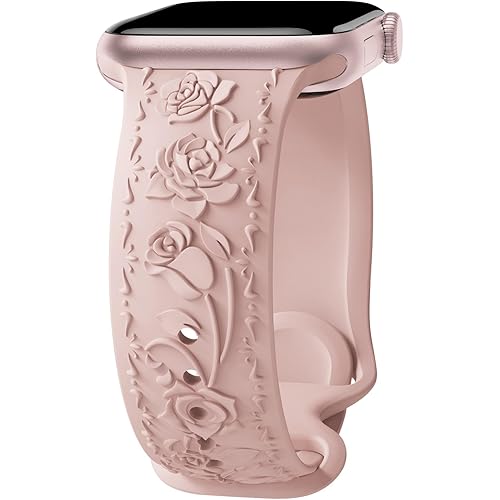 Floral Engraved Band Compatible with Apple Watch Band 40mm 41mm 38mm 42mm 44mm 45mm 46mm 49mm Women, Soft Silicone Cute Embossed Flower Strap for iWatch Band Series SE Ultra 11 10 9 8 7 6 5 4 3 2 1