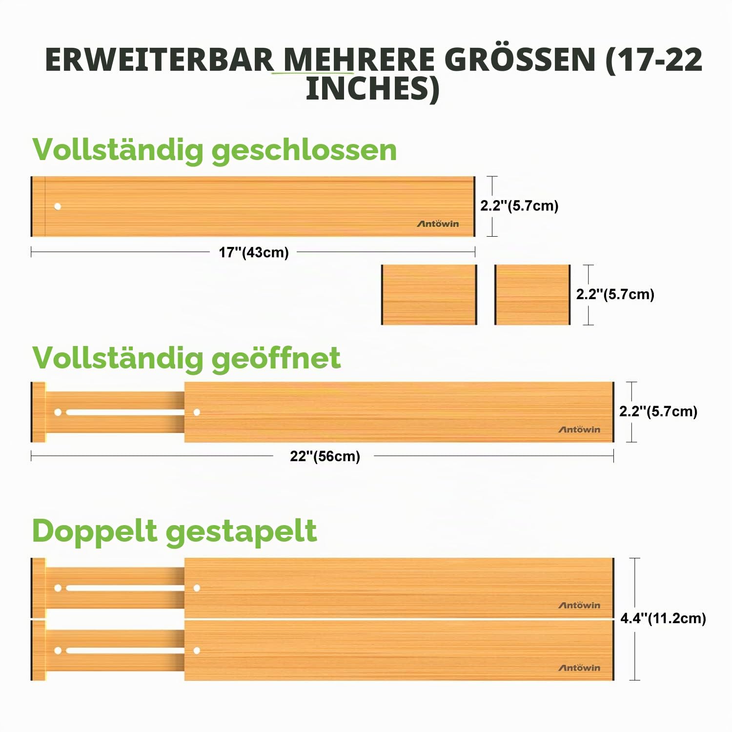 ANTOWIN Schubladentrenner Verstellbar Bambus (43-56 cm), Schubladen organizer, gefedert, Küche, Kommode, Badezimmer, Schlafzimmer, Babyschublade, Schreibtisch Ordnungssystem