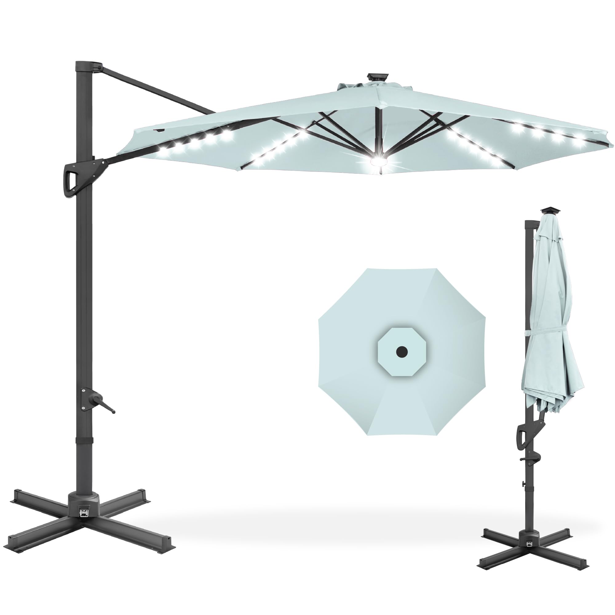 Best Choice Products 10ft Solar LED Cantilever Patio Umbrella, 360-Degree Rotation Hanging Offset Market Outdoor Sun Shade for Backyard, Deck, Poolside w/Lights, Easy Tilt, Cross Base