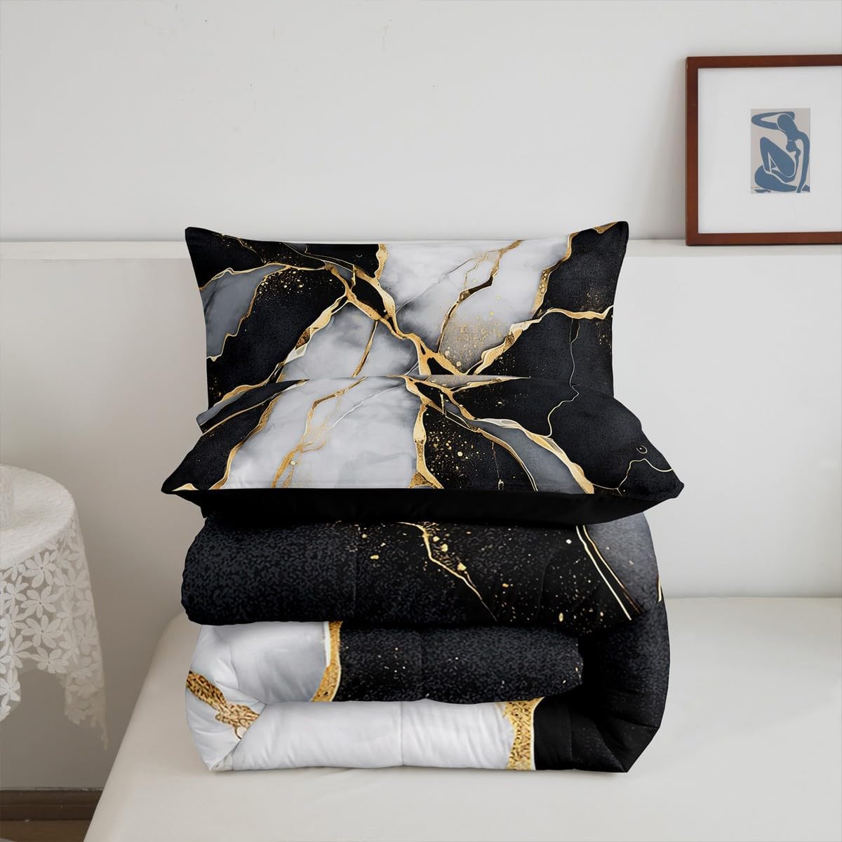 Black Marble Comforter Set,Gold Metallic Marble Down Comforter for Kids Boys Teens Adult, Black Gold Abstract Marble Texture Bedding Set Queen Size, Boho Hippie Duvet Sets with 2 Pillow Cases