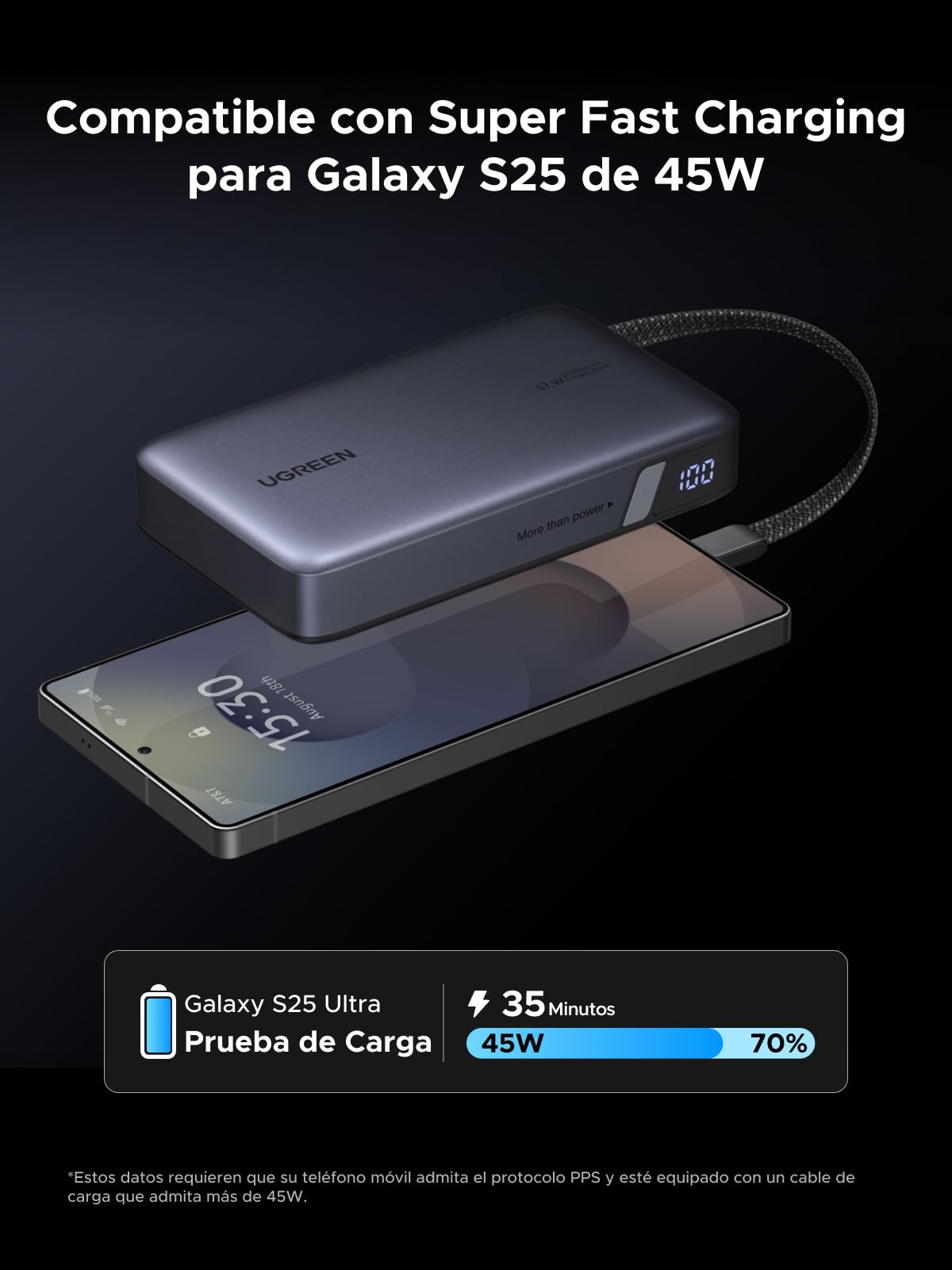 UGREEN Nexode 67W Power Bank 20000mAh Batería Externa Carga Rápida PD 65W | 3 EN 1, Cable USB C Integrado, 2 Puertos 1C1A, Cargador Portátil PC, Compatible con Xiaomi Note 15 14 iPhone 17 16 Galaxy S26