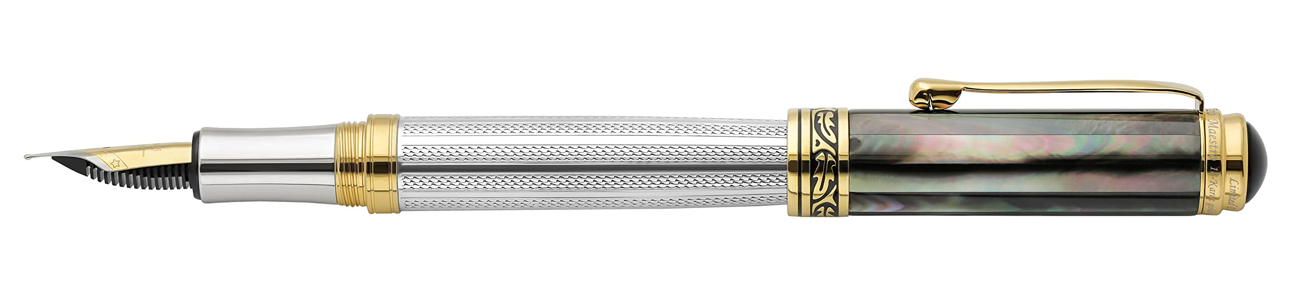 Xezo Penna stilografica Maestro, pennino medio. Argento 925 sterling con madreperla nera di Tahiti e placcatura in oro 18 carati. Realizzata a mano, edizione limitata, numerata