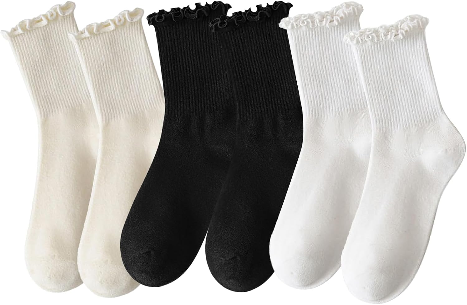 3 Pairs Socks for Women, Cute Frilly Ankle, Soft Breathable Cotton Lace, Fashion Ruffled Short Socks for Daily Wear, School, or Dress Outfits（Black x2, White x2, Off-white x2）
