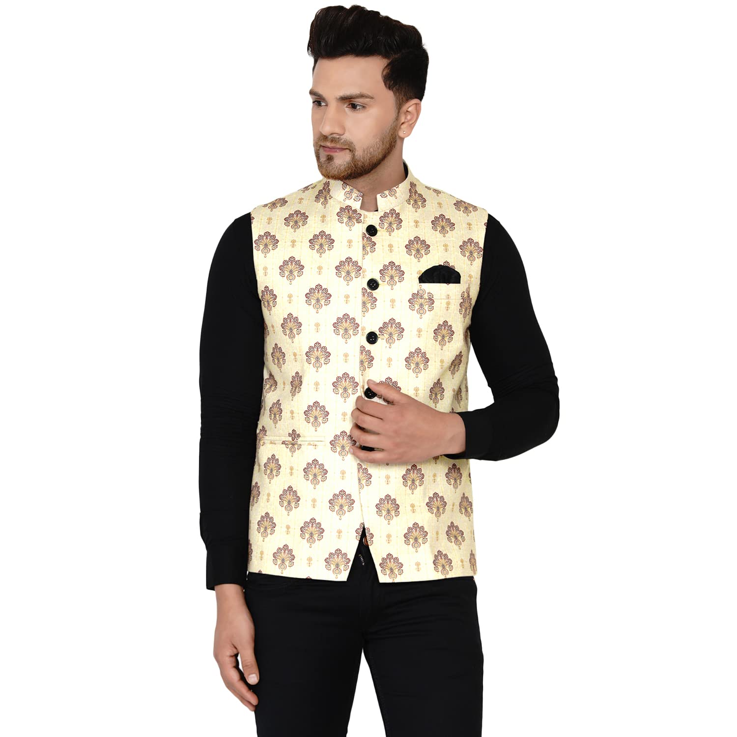 veera paridhaan Men's Cotton Printed Nehru Jacket (Green)-picture-10