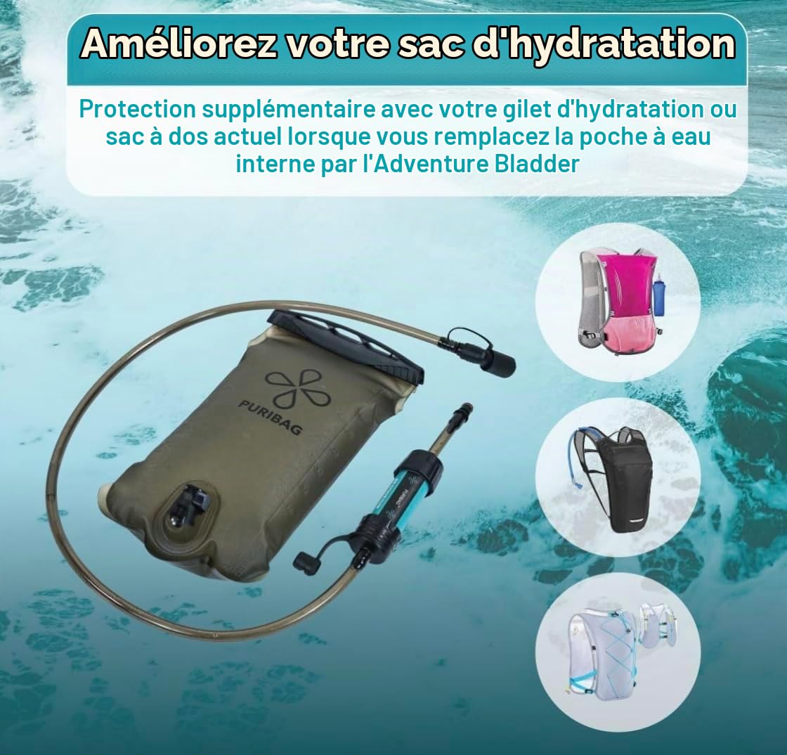 Puribag Adventure Vessie : poche d'hydratation 2L avec filtre – poche à eau de rechange compatible avec d'autres systèmes, parfaite pour la randonnée et le vélo