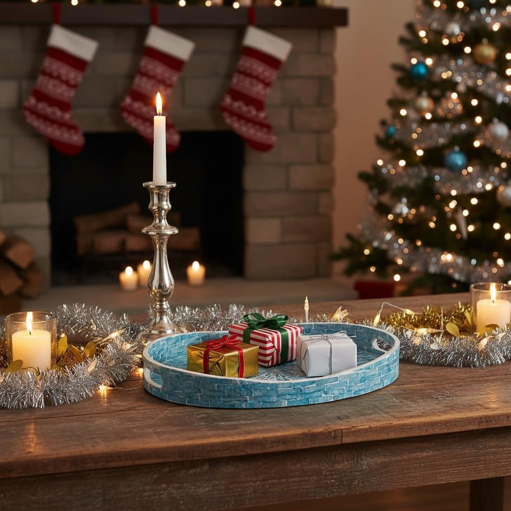 PEMAR 15.7" x 11.8" Oval Capiz Shell Serving Tray, Decorative Ottoman Tray for Living Room, Coffee Table, Breakfast in Bed, Candle Display (Teal Sunlight) - Image 3