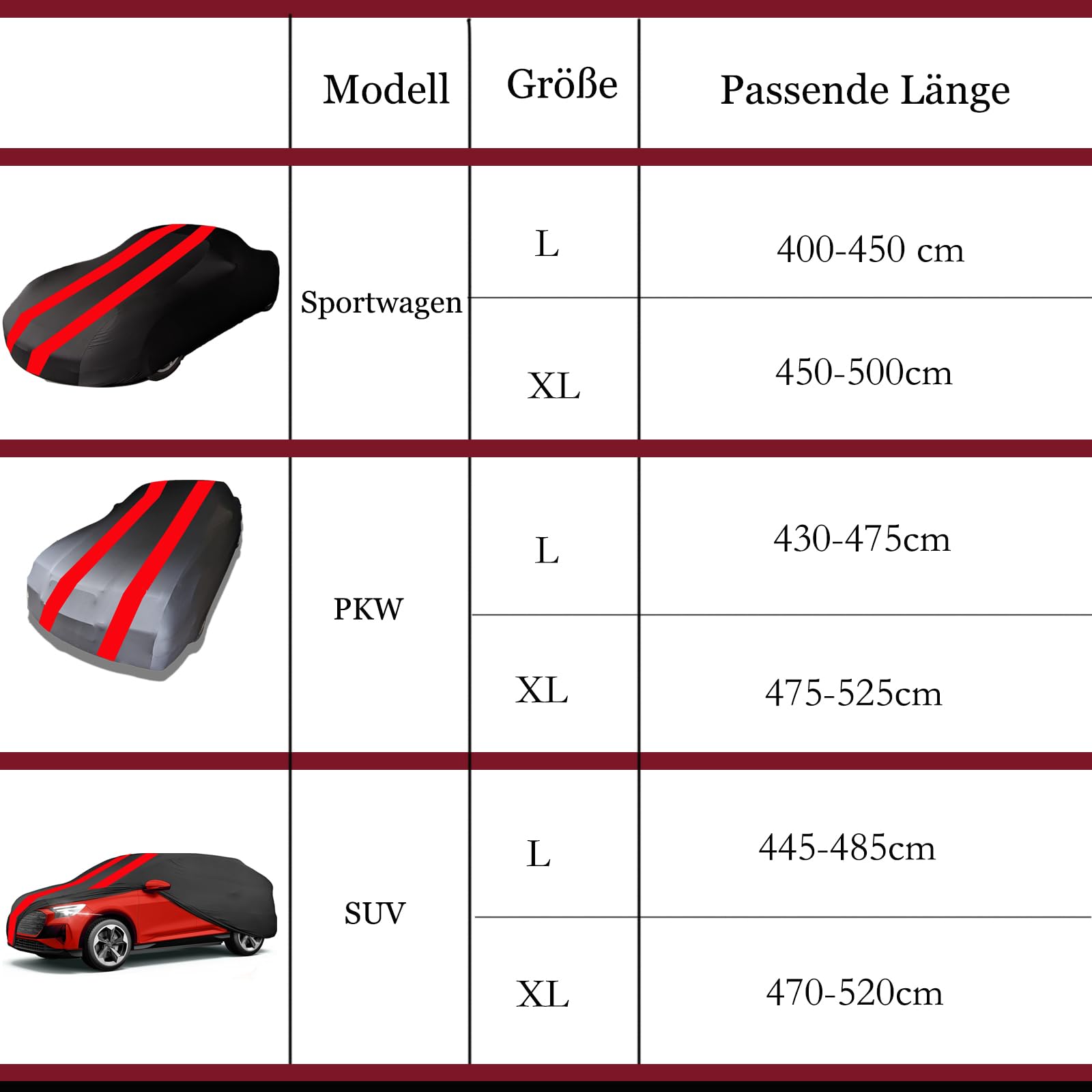 Autoabdeckung Indoor Stretch für 475-525cm PKW Auto Abdeckplane Winter Staubdichte Autogarage Abdeckung Atmungsaktiv Tiefgaragen- und Autoshow-Geeignet (Schwarz + Rot)